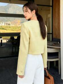 Women's Solid Color Tweed Front Button Pocket Elegant Commuter Jacket Daily - Light Yellow - View 5