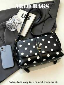 Charming Polka Dot Shoulder Bag With Exquisite Craftsmanship And Elegant Lock Detail. Multiple Carrying Ways And Timeless Print Make It An Ideal Choice For Matching Workwear Or Weekend Outfits, Combining Fashion And Practicality. - Black - View 3