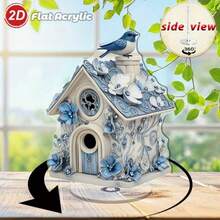2D Plano, 1 peça Casa de Pássaros Giratória em Acrílico para Decoração de Secretária - Design Intrincado Azul e Branco com Acentos Florais, Base Rotativa 360°, Adequado para Uso Interior/Exterior, Sem Necessidade de Eletricidade, Perfeito para Escritório em Casa e Áreas de Relaxamento, Decoração de Pássaros, Decoração Interior/Exterior, Casa de Pássaros Decorativa, 2D Plano - A - Ver 2