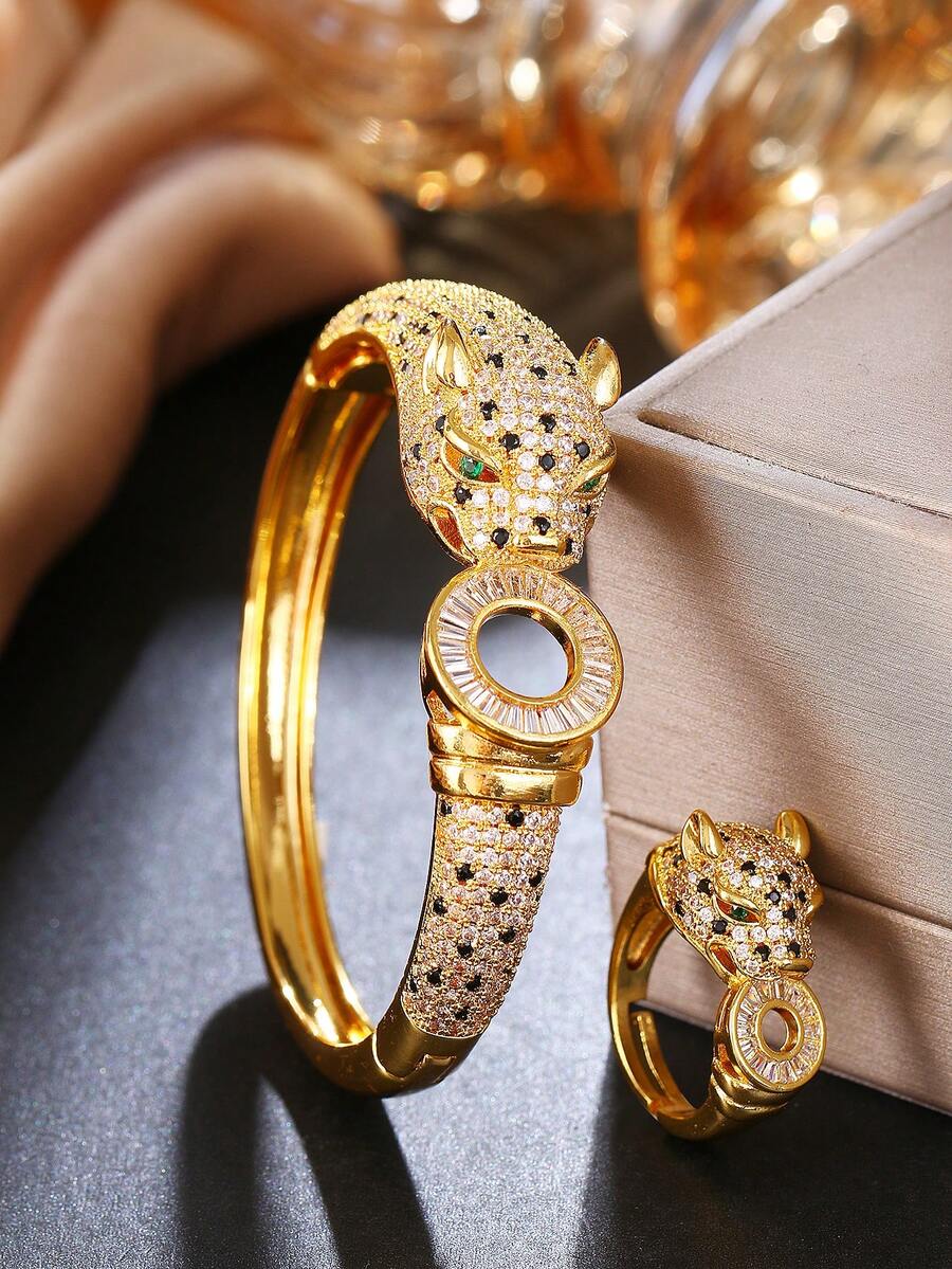 1package/2pcs-Exotic Animal Head-Luxury Statement Gold Panther Jewelry Set | Animal Head CZ Luxury Statement For Wedding Party/Romantic Dinner Date