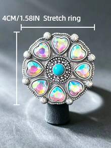 Women's Charming Jewelry Bohemian Vintage Style Heart-Shaped AB Rhinestone Elastic Ring, Suitable For Daily Wear Or As A Holiday Gift For Women - Rings - View 2