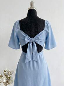 Plus Size Short Princess Dress, Loose Fit, With Gathered Neckline And Short Sleeves, Elegant, Sizes 46 To 56 - Baby Blue - View 5