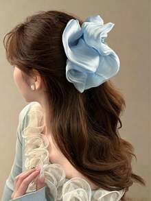 1pc Large Wavy Pleated Glossy Mesh Hair Claw, Light Pearlescent Pleated Fabric Bow Style, Suitable For Bridal Party, Beach Weekend Outings And White-Tone Summer Outfits - Multicolor - View 9