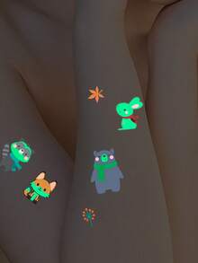 10 Hojas de Pegatinas de Tatuajes Temporales que Brillan en la Oscuridad, paquete Combinado Luminoso, Diseño de Zorro, Rana y Búho de Dibujos Animados Lindos Neón, Arte Corporal, Tatuajes Temporales Impermeables que Brillan en la Piel Unisex para Fiesta, Festival Nocturno, Playa, Diversión Diaria - Multicolor - Ver 4