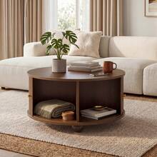 Coffee Table, Round Coffee Table, Living Room Table, Surrounding Vertical Relief Structure, Two Sliding Doors, MDF Body, Metal Handles, Spherical Metal Legs, Four Separate Storage Compartments. - Walnut Wood Color - View 3