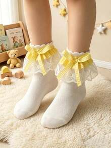 Regalo Perfecto 1 Par de Calcetines de Princesa con Encaje, Cuadros, Lazo y Volantes para Niñas, Calcetines Versátiles para Baile y Fiesta, Regreso a la Escuela, Adecuados para Combinar con Vestidos - Multicolor - Ver 1