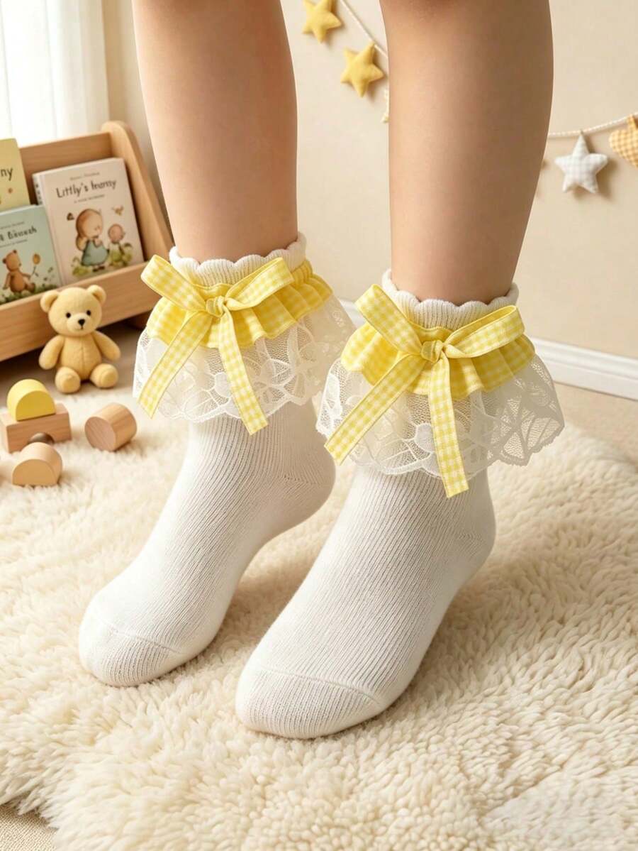 Regalo Perfecto 1 Par de Calcetines de Princesa con Encaje, Cuadros, Lazo y Volantes para Niñas, Calcetines Versátiles para Baile y Fiesta, Regreso a la Escuela, Adecuados para Combinar con Vestidos - Multicolor - Ver 1
