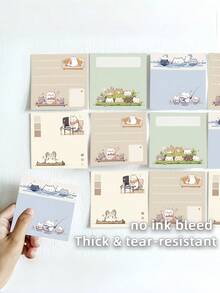 Healing Soft Cute Animal Memo Pad, 4 Warm Hand-Drawn Layout Designs Including Sofa Lounging, Party Cake, Pool Play, Home Office Scenes, Soft Cute Kitten Image With Gentle Lines - A - View 3