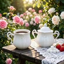 Vintage Milk & Sugar Canister Set With Coffee Mug, Embossed White Ceramic Milk Pitcher, Lidded Sugar Jar And Teacup, French Country Style Drinkware, Suitable For Afternoon Tea, Home Coffee Bar Decor - White - View 5