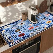 1pc Dish Drying Mat, Coffee Machine Mat, Blue Background With Colorful Floral Print, Absorbent & Draining Mat, Suitable For Dining Table, Cafe And Other Scenes, Quickly Absorbs Excess Water, Keeps Countertop Clean, Adds Fresh And Elegant Visual Effect To Space, Home Gift, Countertop, Dining Table Decor - XYLSD-597 - View 16