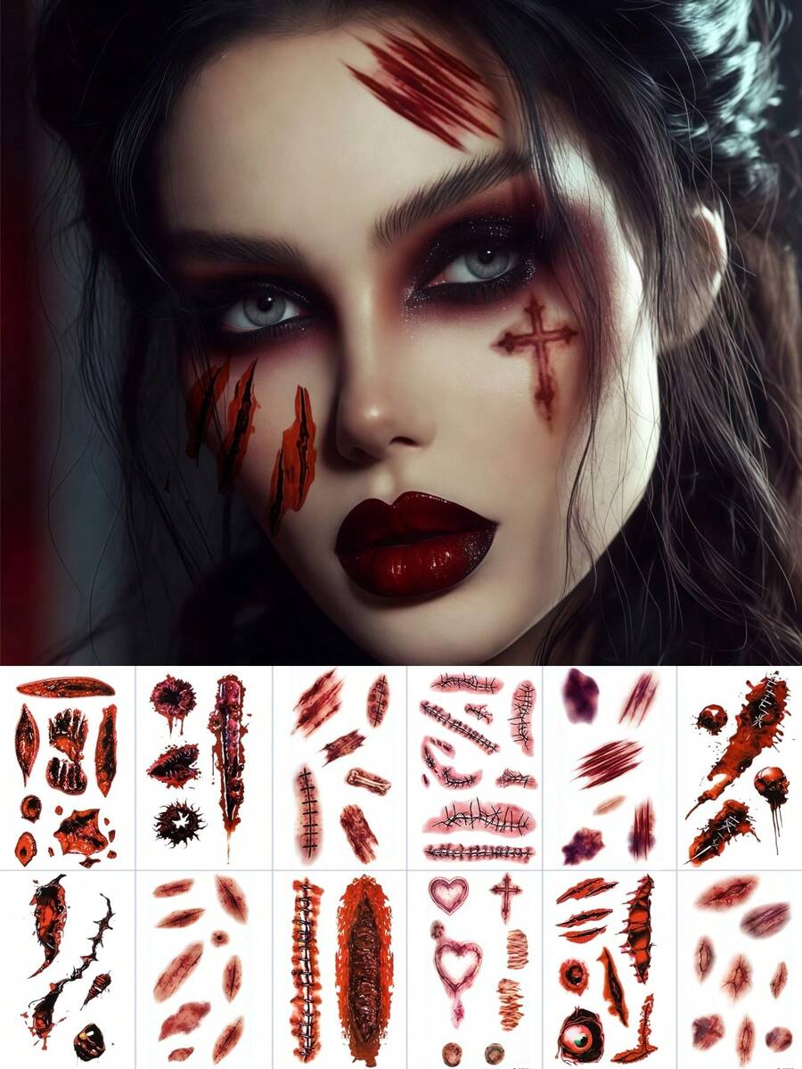 12 Sheets Halloween Zombie Tattoos Temporary Realistic Fake Scars Wound Fake Blood Tattoo Stickers Waterproof Vampire Bruise Tattoos For Halloween Costumes Prank Makeup Cosplay Festival Rave Accessories Party - Multicolor - View 1