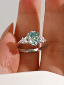 1pc Fashion INS Style S925 Sterling Silver 2CT Moissanite Blue-Green Oval Main Stone Bridal Quality Wedding Ring Proposal Wedding Daily Accessory Anniversary Holiday Gift - Multicolor - View 5