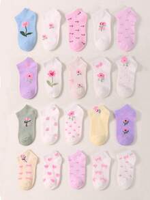 20 Pairs Girls Ankle Socks Ages 1-16, Sweet Bow & Ditsy Floral Print Pastel Macaron Low-Cut School Socks, Casual Athletic Daily Wear For Girls & Teens - Multicolor - View 4