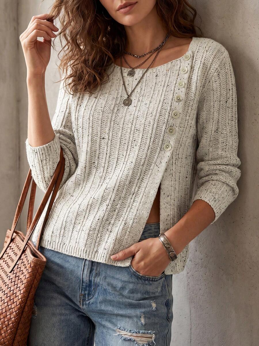 Women's Solid Color Round Neck Asymmetric Button Waist-Baring Split Hem Fall/Winter Casual Fashion Sexy Design Knit Long Sleeve Cardigan - Beige - View 1