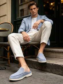 Mocasines tipo mule de ante para hombre, zapatos de caminar estilo británico sin cordones, mocasines de lujo color caqui, mocasines planos casual de negocios - Caqui - Ver 6