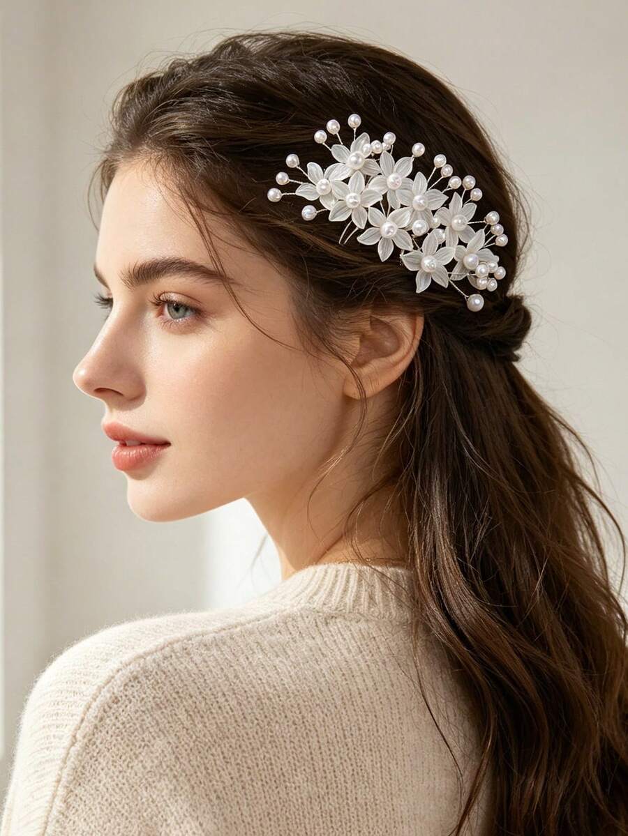 JOJELOO 1PC Bridal Floral Pearl Hair Comb, Valentine's Day Bridal Hair Accessory, Wedding Hair Accessory - White - View 1
