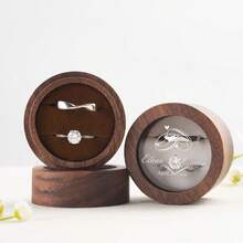 MerexSync 1pc Personalized Round Walnut Wood Ring Box With Transparent Window, Customized Laser Engraved Initials And Date, Wedding Proposal Engagement Anniversary Gift Wooden Ring Box, Wedding, Wedding Accessories, Wedding Ring Box, Souvenir, Wedding Decoration, Bride, Groom, Ring Box, Wooden Ring Box - Multicolor - View 6