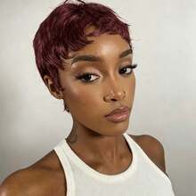 Brazilian Remy Hair Machine Made Pixie Cut Wigs For Women Short Straight Human Hair Wig 4inch 150% Density Layered Hair Wigs For Daily Use Natural Color 1B And 99J# - Multicolor - View 6