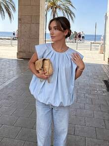 HoloChill Women's Young Influencer Casual Style Solid Color Pleated Sleeveless Top 2026 New Summer Casual Round Neck Loose Tank Top, Women's Spring Clothing, Women's Holiday Party Top, Women's Beach Outfit, Women's Going Out Top, Women's Elegant Top, Summer Vacation Outfit, Fall Top, Back To School - Baby Blue - View 8