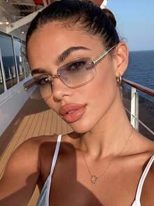 1PC Women's Frameless Cut-Edge Rectangular Ocean Lens Metal Retro Bohemian Y2K Rivet Temple Decor Street Fashion Elegant Fashion Glasses Shades, Suitable For Beach, Seaside, Vacation, Travel, Driving, Camping, Outdoor Activities, Street Photography, Etc. - Multicolor - View 14