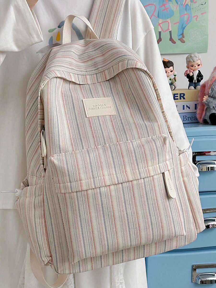 LECEY Striped Badge Design Large Capacity Backpack - Pink - View 1