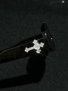 2件裝水鑽十字心金屬裝飾黑色方框太陽眼鏡，嘻哈搖滾Y2K豹紋染鏡片，奢華復古，四季適用，戶外旅行防曬裝飾太陽眼鏡 - 2副黑灰十字架 - 查看 5