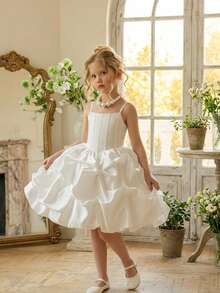 Young Girls Spaghetti Strap Ruched Satin Elegant Flower Girl Princess Dress, White Puff Party Gown, Headband Not Included - White - View 5