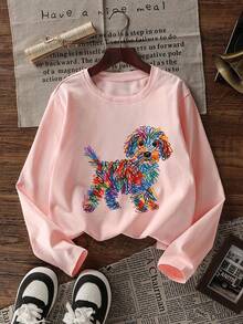 Tween Girl 1pc Line Puppy Print Long Sleeve T-Shirt, Suitable For Girls' Autumn/Winter Tops, Young Student Children's Clothing, Suitable For Outerwear And Layering - Pink - View 5