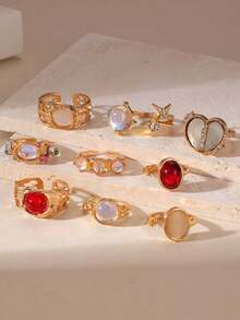 9pcs Gold-Tone Exquisite Versatile Bohemian Beach Vacation Style Sparkling Colorful Gemstone Rhinestone Heart Star Flower Sun Asymmetric Faux Pearl Open Adjustable Ring Set Fashion Personalized Jewelry Gift Suitable For Men And Women Daily Wear Perfect For Party And Holiday Gift Women Casual And Vacation Outfit Multi-Functional Accessory - Multicolor - View 3