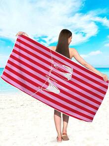 Toalha de Praia com Padrão de Maiô Bikini de Varal com Clipe de Linha Única Branca sobre Bottom de Listras Horizontais Largas em Contraste Vermelho e Rosa Claro, Toalha de Banho Absorvente de Secagem Rápida Estilo Praia Dopamina Vibrante para Meninas, Toalha de Banho para Casa, Banheiro e Chuveiro, Tapete de Piscina e Férias, Tapete de Camping, Piquenique e Yoga, Lavável em Máquina, para Todas as Estações, Pano Decorativo de Parede para Quarto de Menina Energética - Multicolorido - Visão 3
