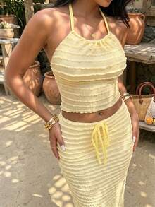 DOUCIU 2pcs Solid Color Halter Top & High Waist Maxi Skirt Sets Daily Island Vacation Style - Yellow - View 5