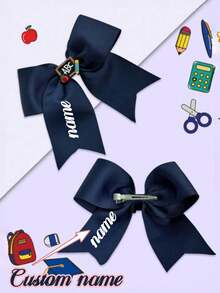 1/2pcs Personalized Name Back To School Hair Clips, ABC Pencil Blackboard Pattern, White Yellow Navy Blue Satin Ribbon Bow Alligator Clips - Multicolor - View 3