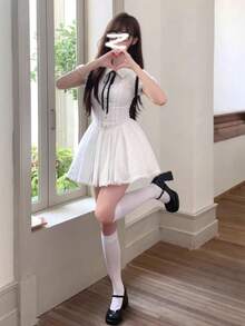 [Spring/Summer New Arrival College JK Outfit] Polo Collar Shirt Dress With Waist-Cinching Pleated A-Line Mini Skirt - Sweet And Spicy Design Slimming - White AH17-2 - View 3