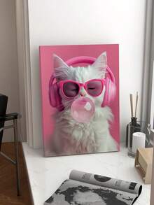 1 件猫科动物帆布艺术印刷品，现代装饰海报，带耳机和泡泡糖的猫，无框墙壁装饰，适用于家庭、办公室和浴室，高品质帆布 - 粉色 - 查看 3