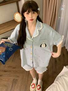 2 piezas/Set Conjunto de pijama para mujer, cuello de solapa abierto con estampado de cachorro lindo y bolsillo delantero, manga corta y shorts simples, cómodo para usar en casa - Azul - Ver 8