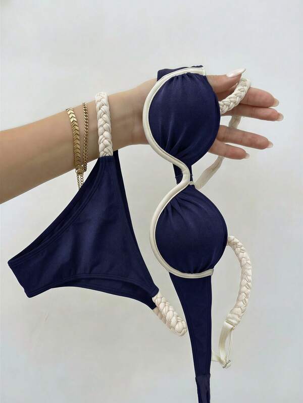 Bikinx Women's Fashion Braided Shoulder Strap Bikini Set, Underwire One-Piece Top With Color-Block Back Tie Swimwear Summer Vacation