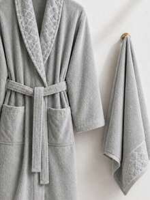 Diamond Pattern Jacquard Shawl Collar Bathrobe - S/M - L/XL - Made In Turkey - Grey - View 2