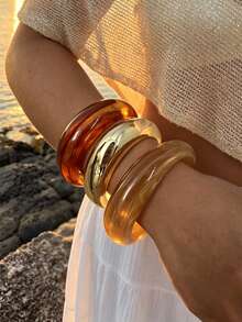 3/1pc Set Vintage Elegant Casual Style Wide Plain Metal CCB & Acrylic Contrast Color Bracelet, Women's Spring/Summer Beach Vacation Daily Party Gift Accessory - Multicolor - View 2