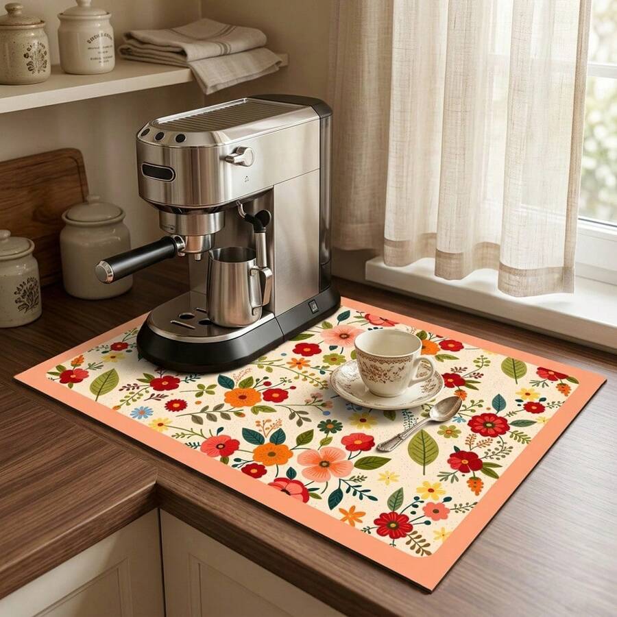 1pc Dish Drying Mat, Coffee Machine Mat, Full Print Colorful Floral Pattern, Excellent Water Absorption, Suitable For Dining Table, Cafe And Other Scenes, Can Be Used To Place Dishes And Drain Water, Home Gift, Countertop, Dining Table Decoration