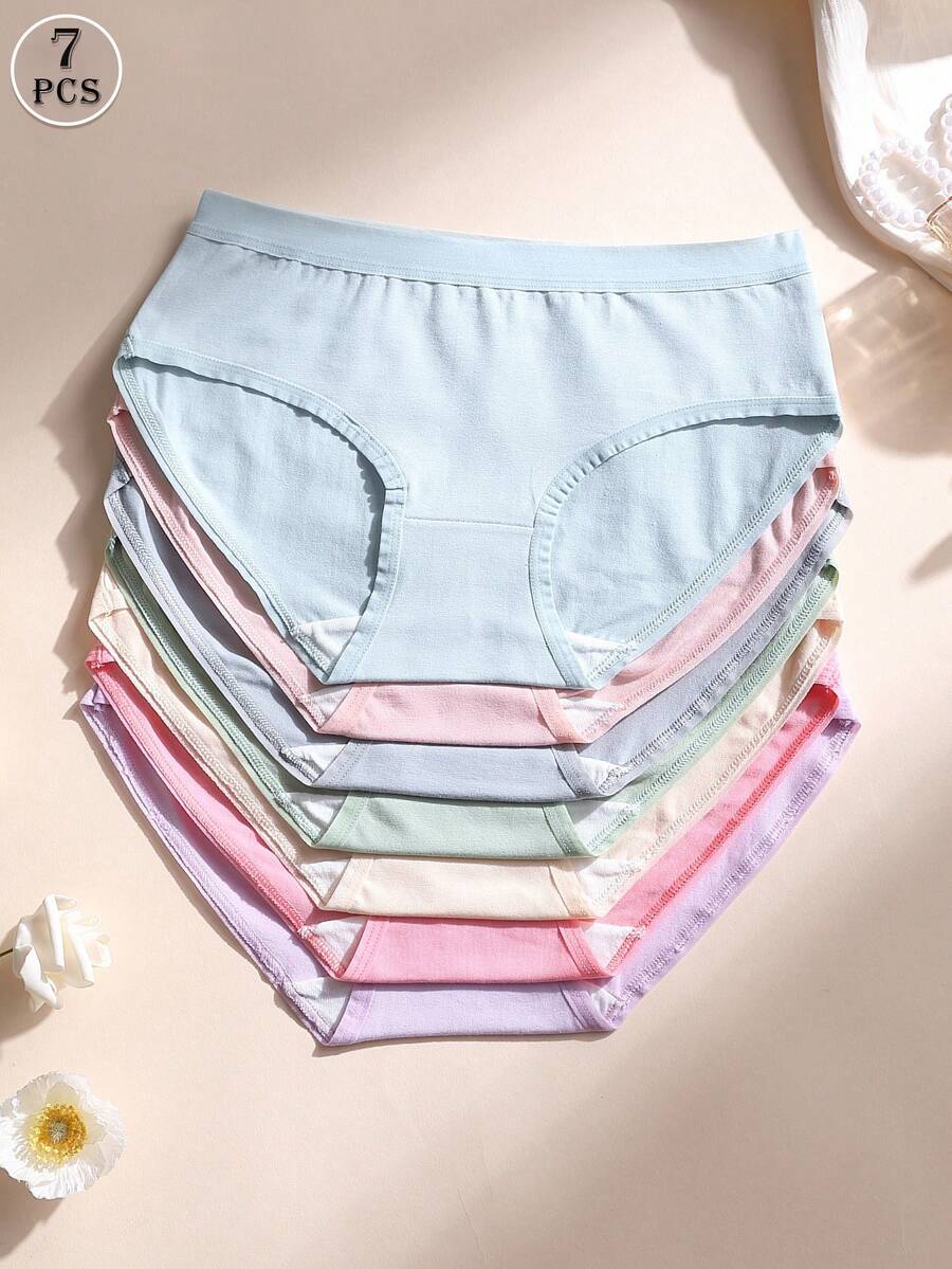 7pcs Women's Cotton Low-Rise Seamless Panties, Solid Color Comfortable Breathable Underwear