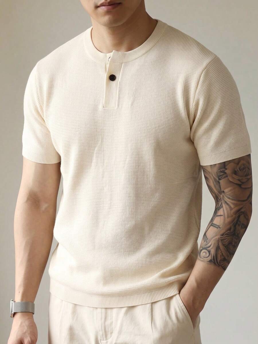 Camiseta de punto de manga corta con cuello henley de unicolor casual para hombre, verano