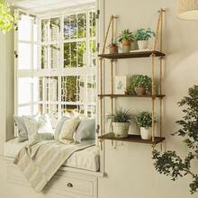 1pc 3 Tier Wooden Hanging Shelf With Jute Rope, Rustic Wall Mounted Floating Shelves, Boho Farmhouse Wood Swing Rope Shelf Organizer For Plants Photos Frames, Living Room Bedroom Bathroom Kitchen Home Office Window Wall Decor Storage Display Rack - Brown - View 2