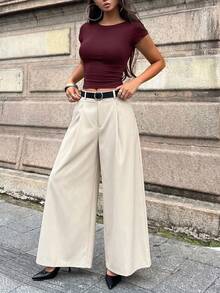 女款休閒優雅通勤極簡時尚寬腿褲（不含腰帶），適合日常通勤、約會、城市漫步等場合 - 杏色 - 查看 1