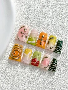 10Pcs Retro Style Handmade Press On Nail,Polygel Nail Set,Floral,Coil ,Color Blocking And Blending,Pink,Green,Yellow,Orange,Red Nail Polish,Simple Style,Includes Nail Tools,3 Sizes Available,Almond,Duck,Coffin Nails For Party,Dance,Daily Wear. - 彩色 - 查看 14
