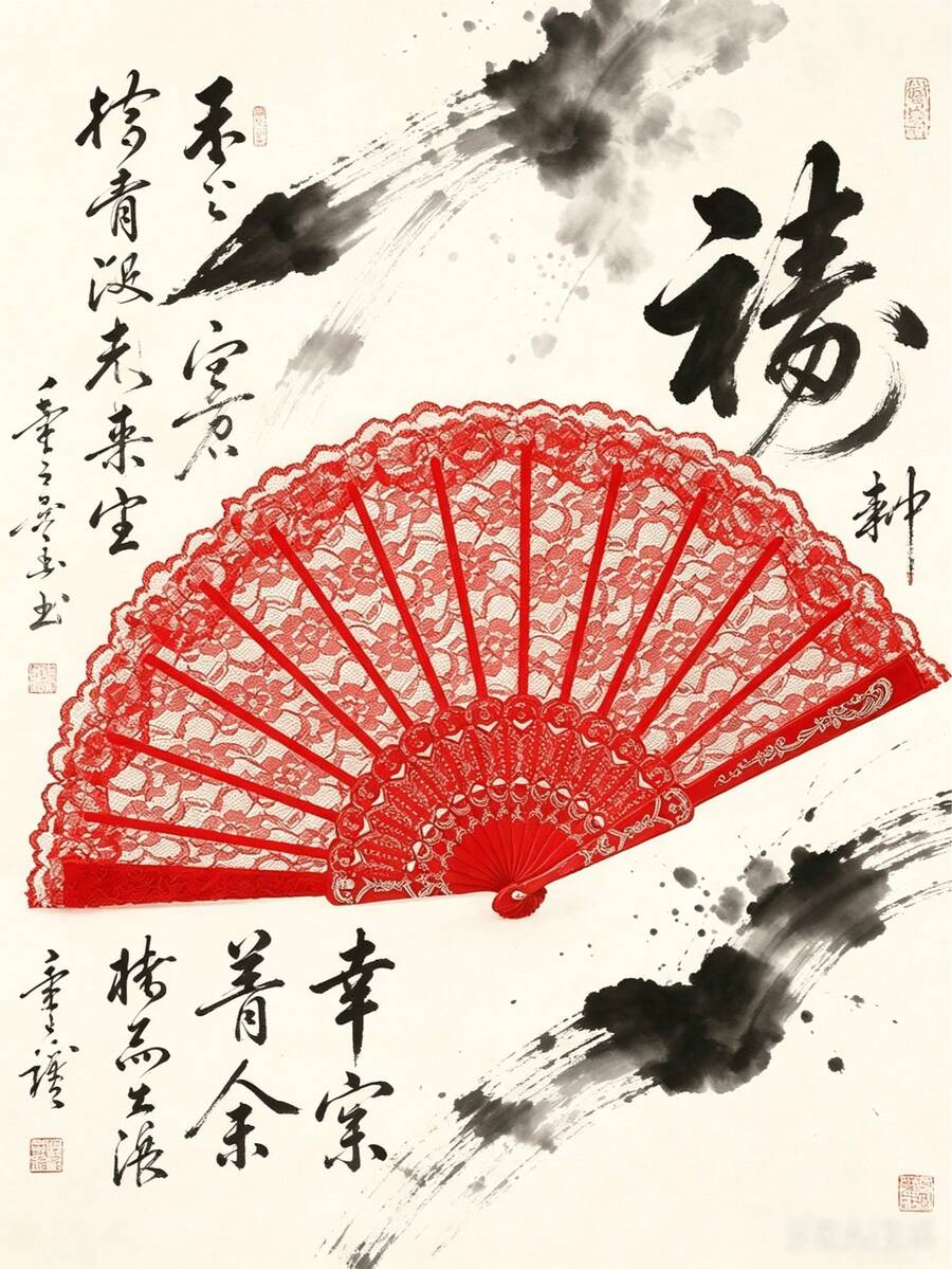 1pc Women's Lace Folding Fan, Suitable For Parties, Halloween, Valentine's Day And Other Occasions - Red - View 1
