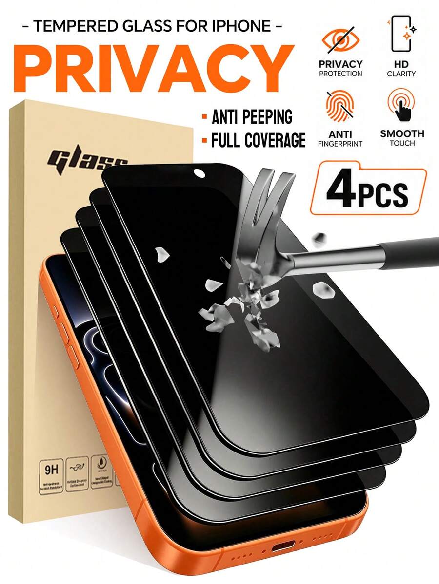 4pcs 17 Pro Max 6.9 Inch Tempered Glass Privacy Screen Protector, Compatible With 18Promax 18Pro 17 Pro, 17 Air, 17, 16 Pro Max, 16, 16 Pro, 16 Plus, 15 Pro Max, 15, 15 Pro, 15 Plus, 14 Pro Max, 14, 14 Pro, 14 Plus, 13, 12, 11, 30 Degree Privacy Protection, Protects Privacy, Phone Accessories, Compatible With Phone Cases - Black - View 1