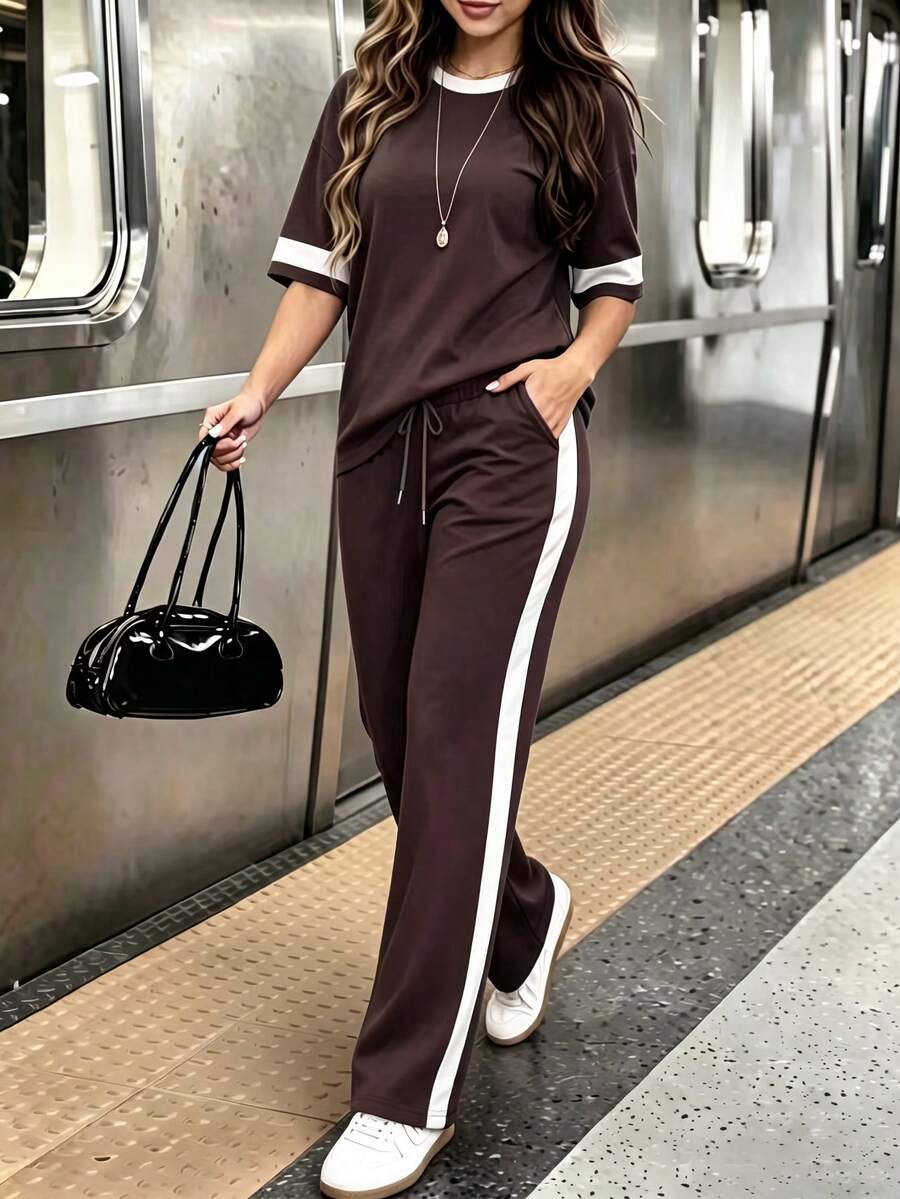 春夏女士休闲撞色套装,圆领短袖上衣搭配高腰抽绳直筒裤,两件套,优雅时尚 - 深棕色90 - 查看 1
