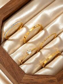 5-delat elegant ringset för kvinnor i rostfritt stål med geometriska strass- och zirkoniastenar, lämpligt för dagligt bruk, dejter, semester och festtillbehör - Guld - Visa 1