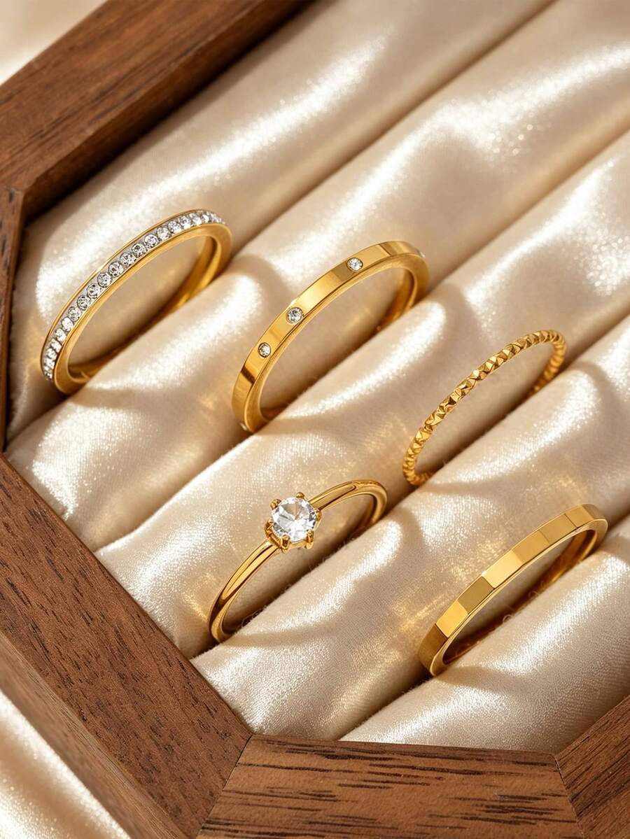 5-delat elegant ringset för kvinnor i rostfritt stål med geometriska strass- och zirkoniastenar, lämpligt för dagligt bruk, dejter, semester och festtillbehör - Guld - Visa 1