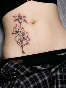 1 Sheet Delicate Black Thin Stroke Three Lilies Temporary Tattoo Sticker, Slim Vertical Branch Design Fake Tattoo, Waterproof Sweatproof Elegant Leg Forearm Sticker - Black - View 3